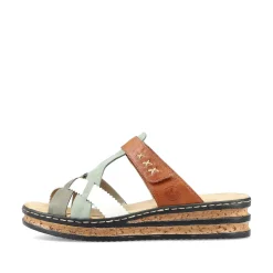 Rieker Women'S Mules Chocolate Brown-Mint Green-White