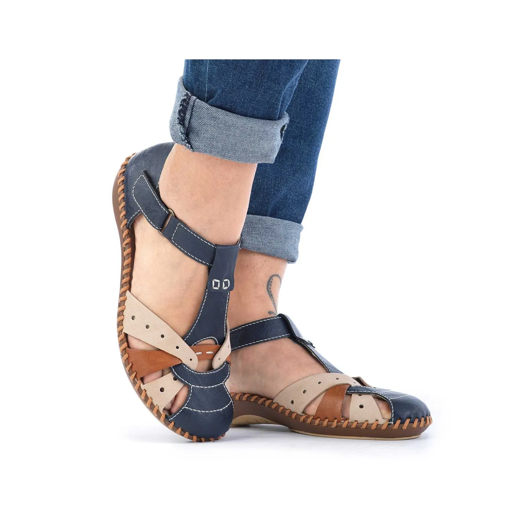 Rieker Women'S Strappy Sandals Navy Blue-Beige