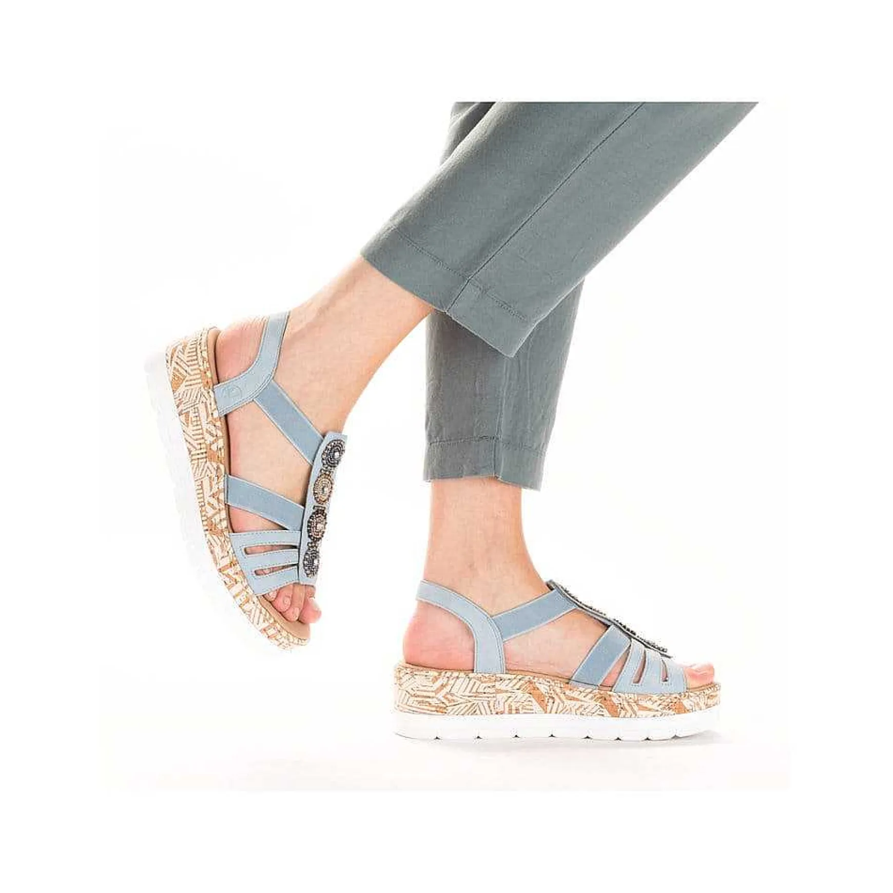 Rieker Women'S Wedge Sandals Sky Blue-Beige